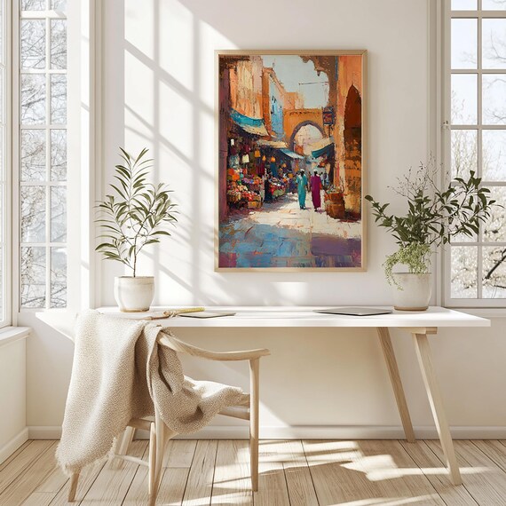 Moroccan Medina Street Oil Painting Colorful Souk Market Poster