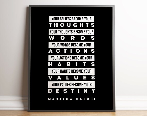 Beliefs Become Thoughts 2 Unframed Poster Mahatma Gandhi Quote Print Typography Black And White Motivational Inspiring Wall Art