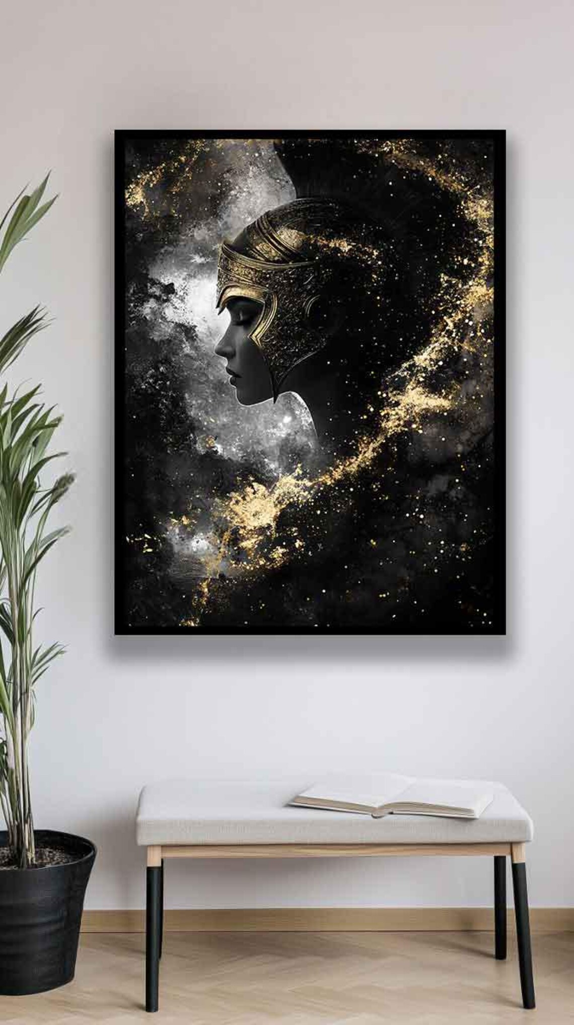 Female Spartan Warrior Helmet Gold Black Profile Art Wall Poster - Image 2