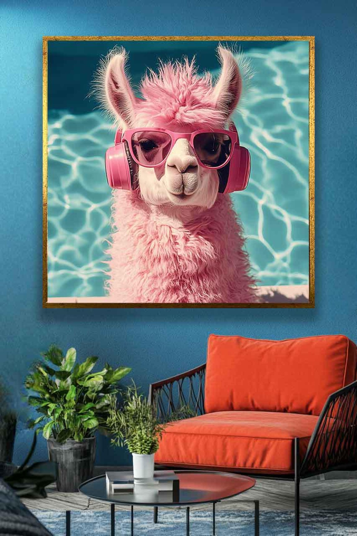 Fluffy Pink Llama in Pink Headphones and Sunglasses by the Pool Poster - Image 2