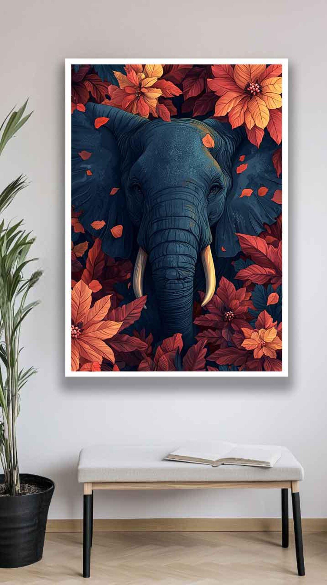 Elephant Among Flowers, Minimalist Elephant Painting - Image 2