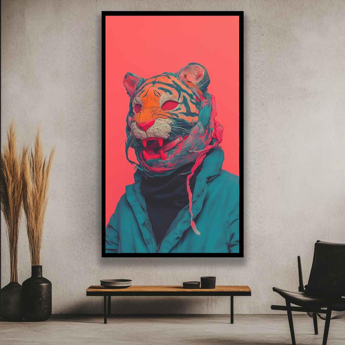 Neon Pop Art Tiger Wearing a Jacket on a Bold Red Background Poster - Image 2