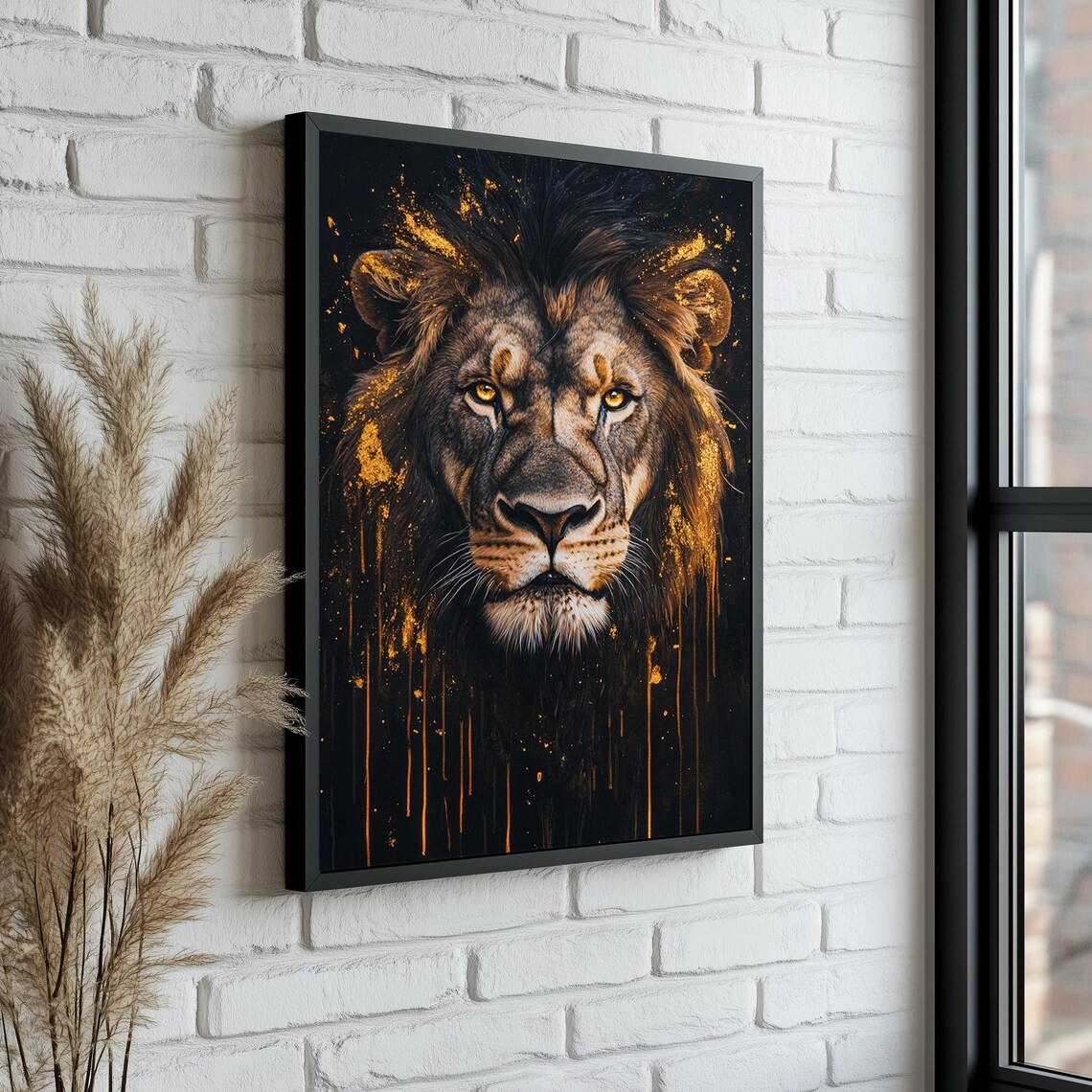 Black Lion Face Golden Paint Splash Dramatic Dark Wildlife Art Poster - Image 5