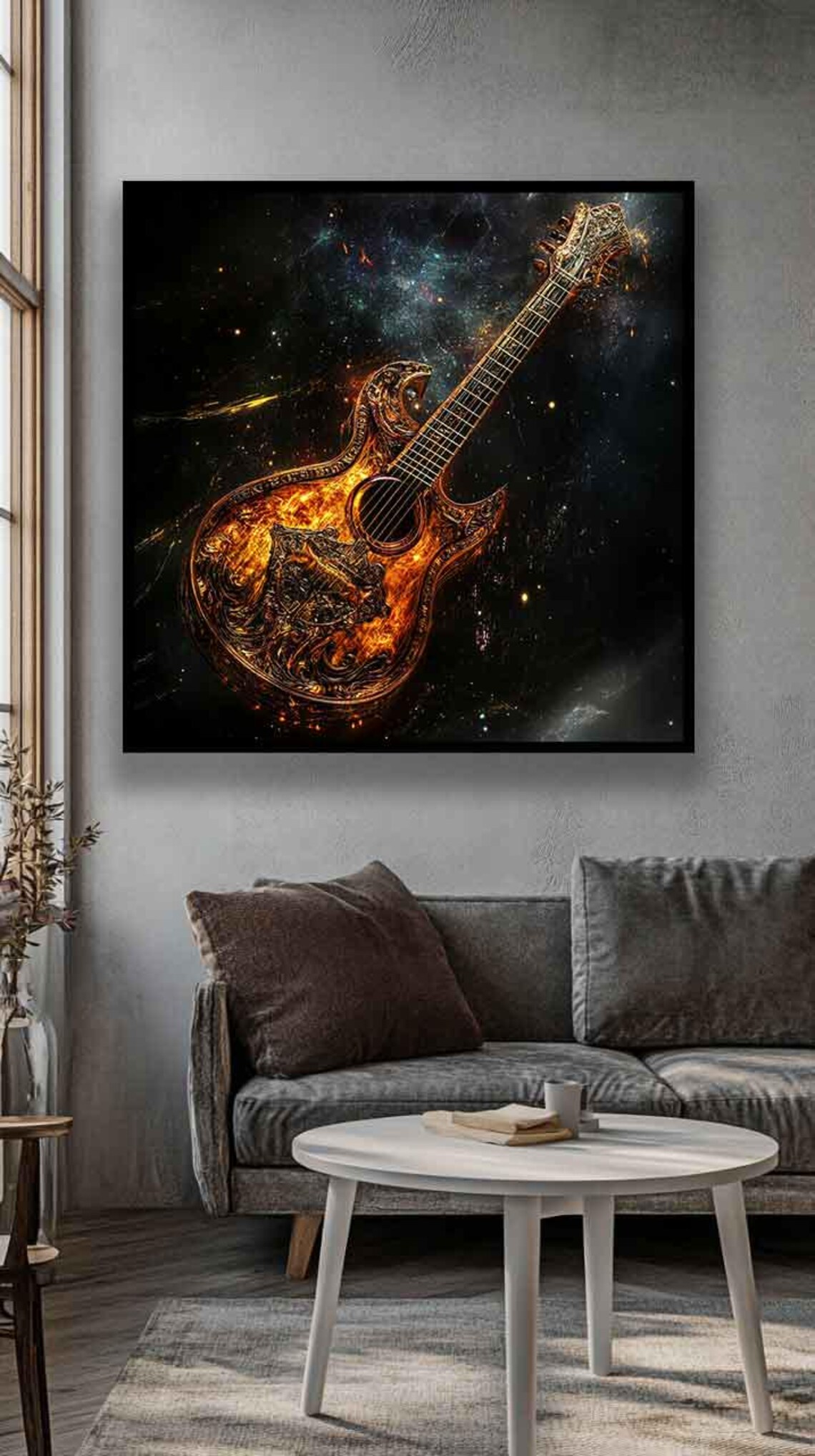 Golden Flaming Acoustic Guitar Against Cosmic Starry Sky Poster - Image 5
