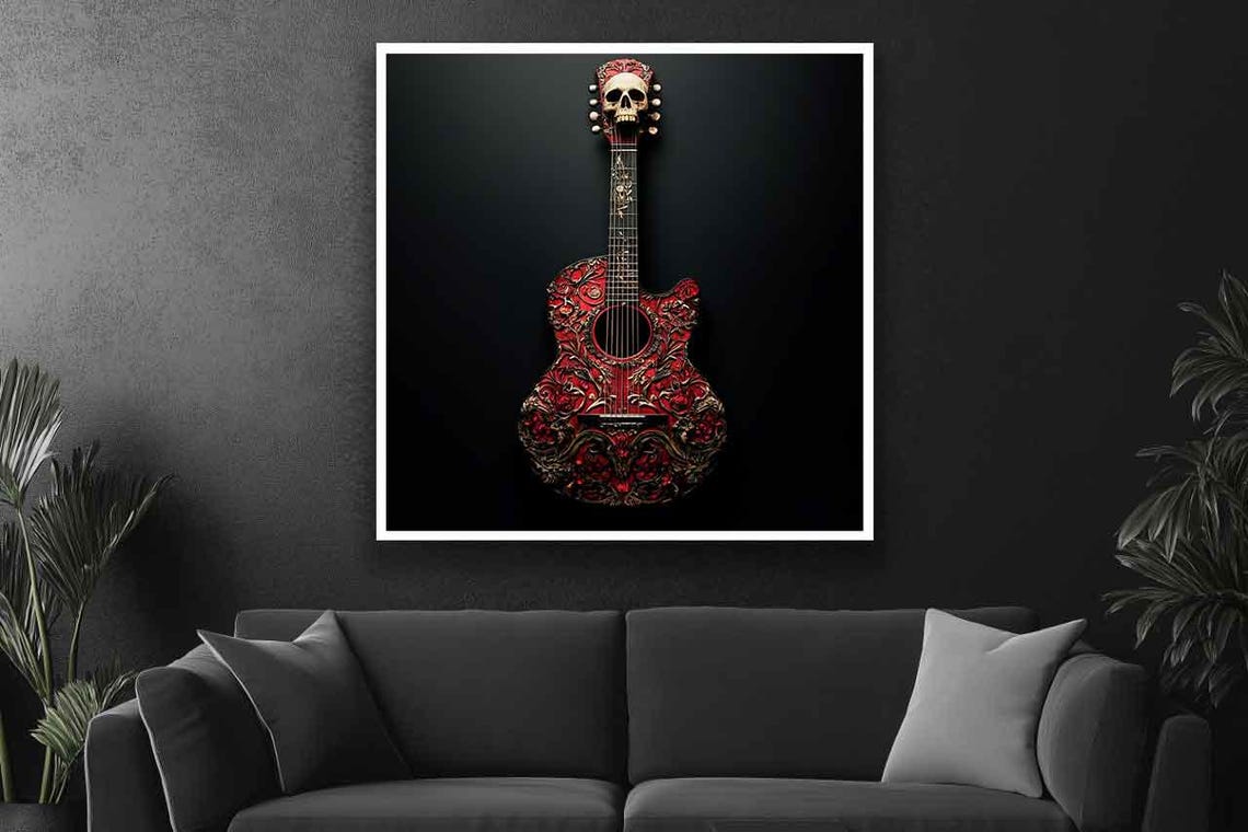 Guitar Wall Art Skull Red Guitar Wall Decor Guitar Wall Print Vintage Guitar Poster Musician Gift Idea - Image 3