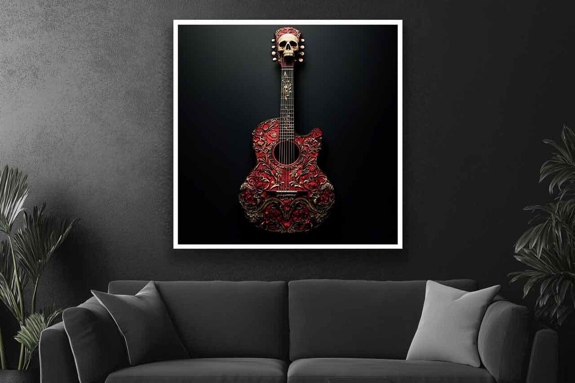 Red Ornate Acoustic Guitar with Skull Headstock Dark Detail Poster - Image 3