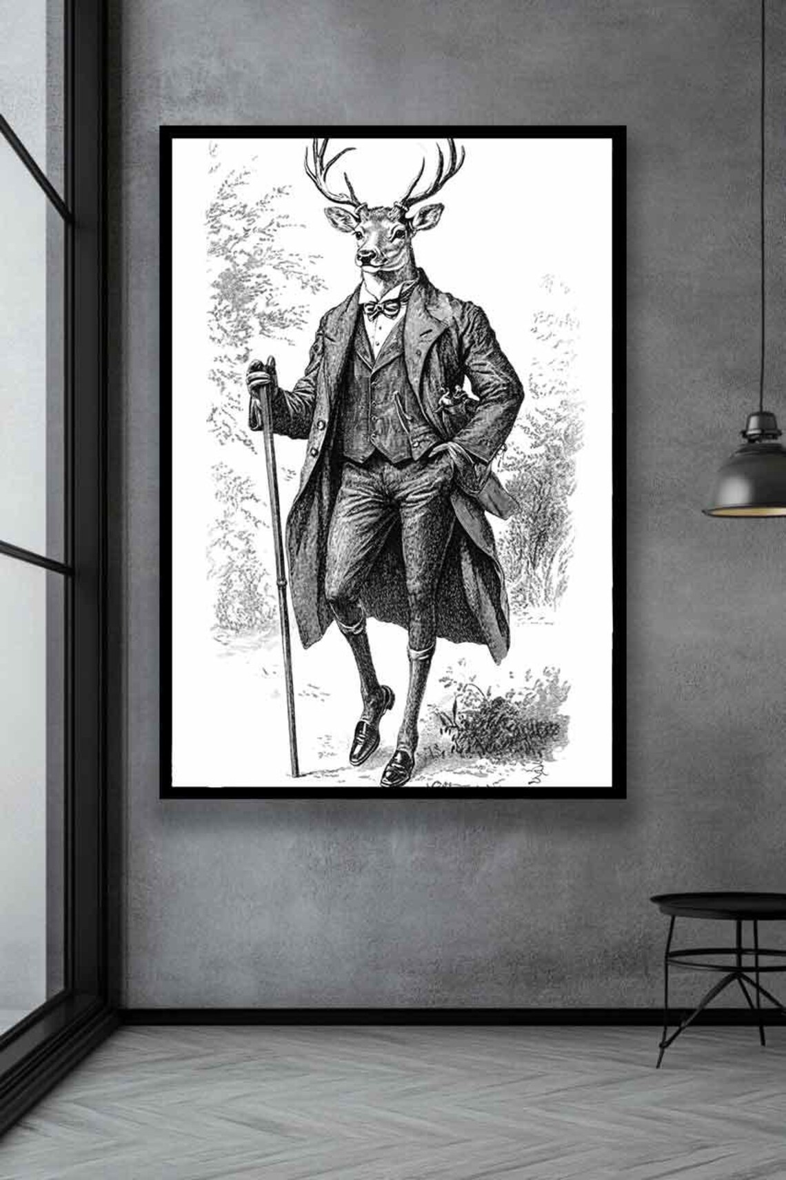 Deer Gentleman in a Victorian Suit Black and White Engraving Poster - Image 2