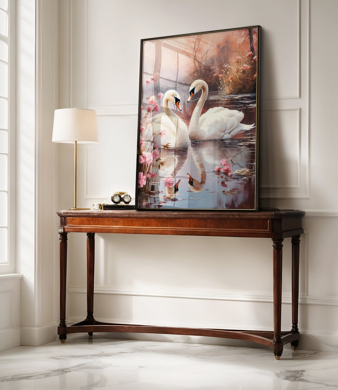 Swan Couple Gliding Pink Blossom Lake Romantic Vintage Bird Print - Image 3