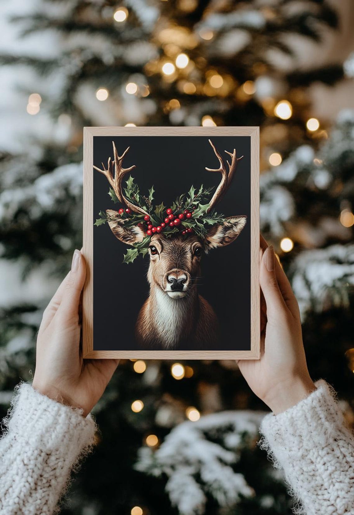 Reindeer Portrait Holly Berry Crown Christmas Holiday Deer Print - Image 2