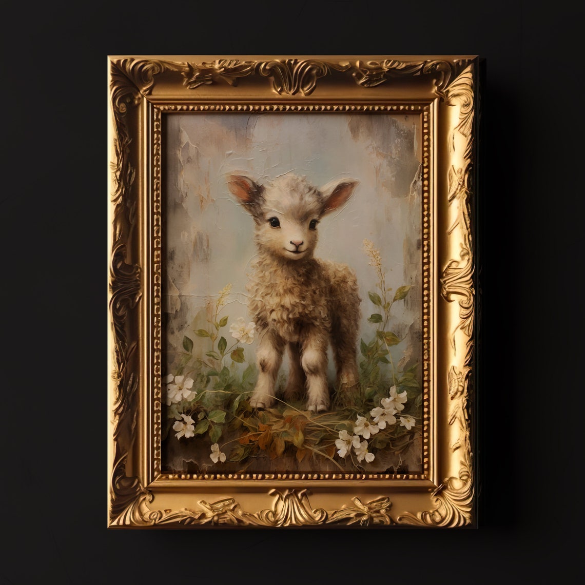 Baby Lamb Standing Among White Flowers Vintage Easter Nursery Print