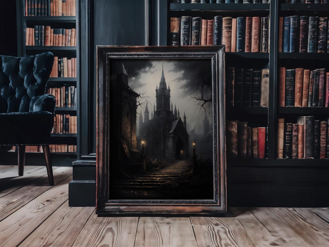 Gothic Haunted Cathedral Night Spooky Stone Steps Halloween Print - Image 2