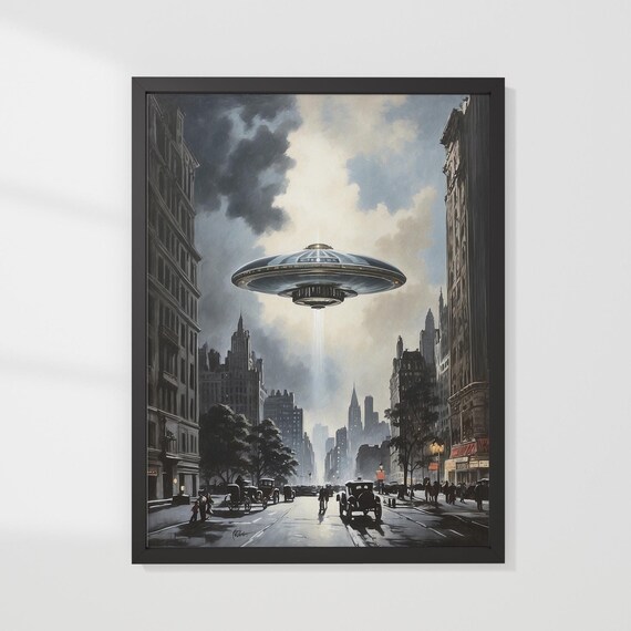 Ufo Saucer Over 1930s Manhattan Skyline Light Beam Oil Painting Poster