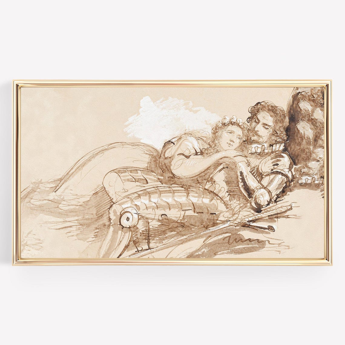 Sepia Ink Sketch Romantic Couple Antique Drawing Love Art Poster
