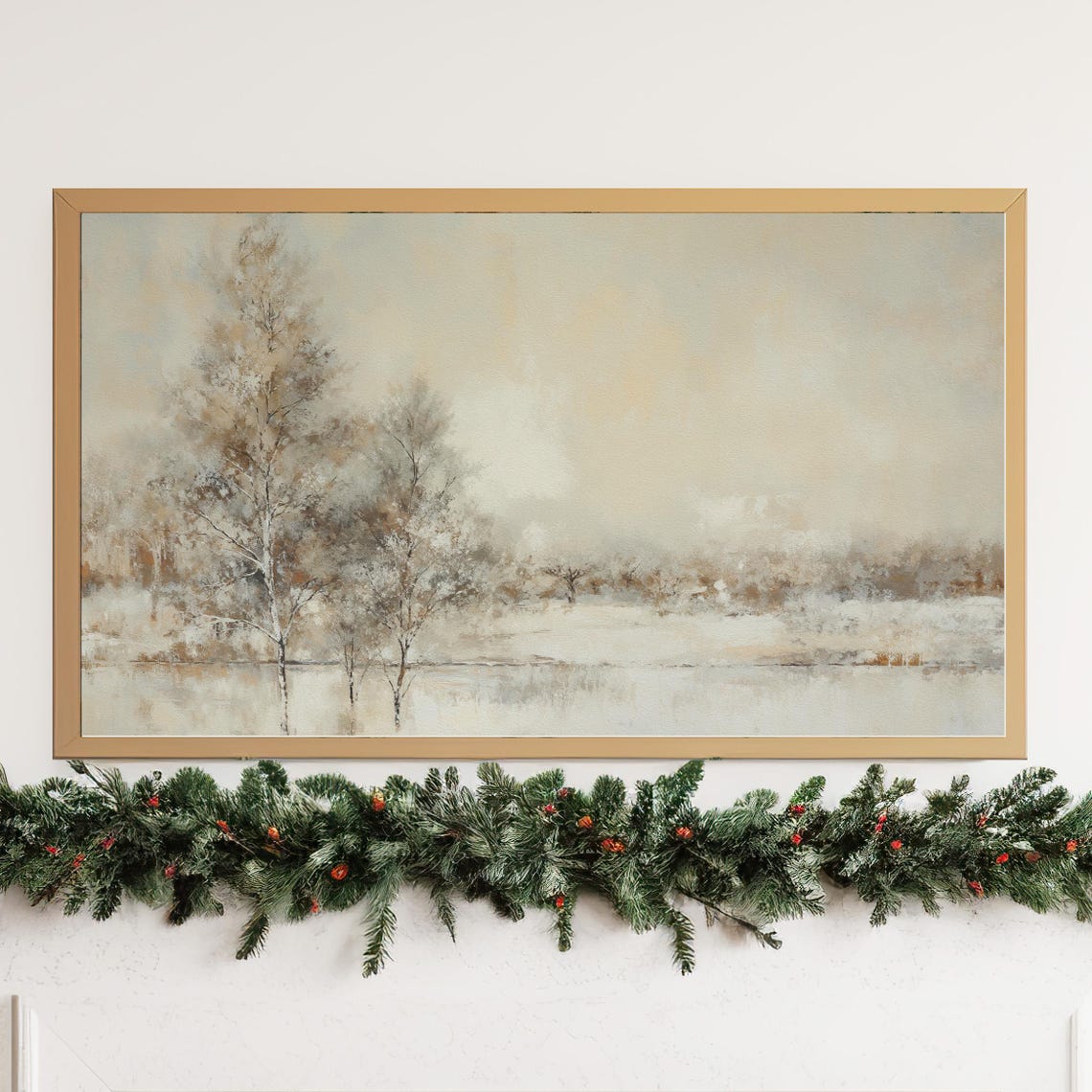 Misty Winter Birch Trees Neutral Abstract Lakeside Landscape Poster - Image 4