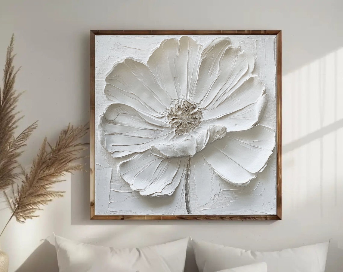 Large White Textured Flower Impasto Painting Minimalist Floral Poster