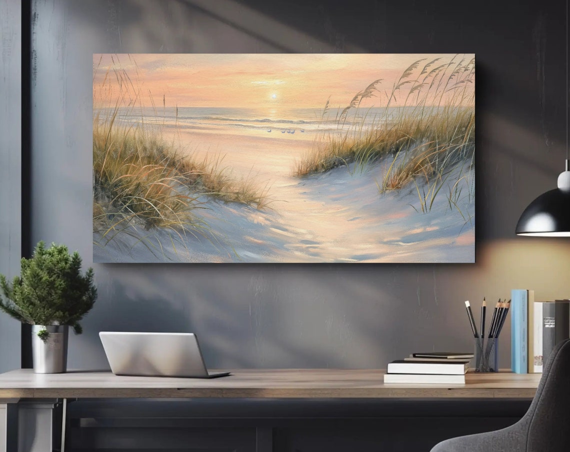 Sunrise Beach Path Through Sand Dunes Sea Grass Coastal Scene Poster