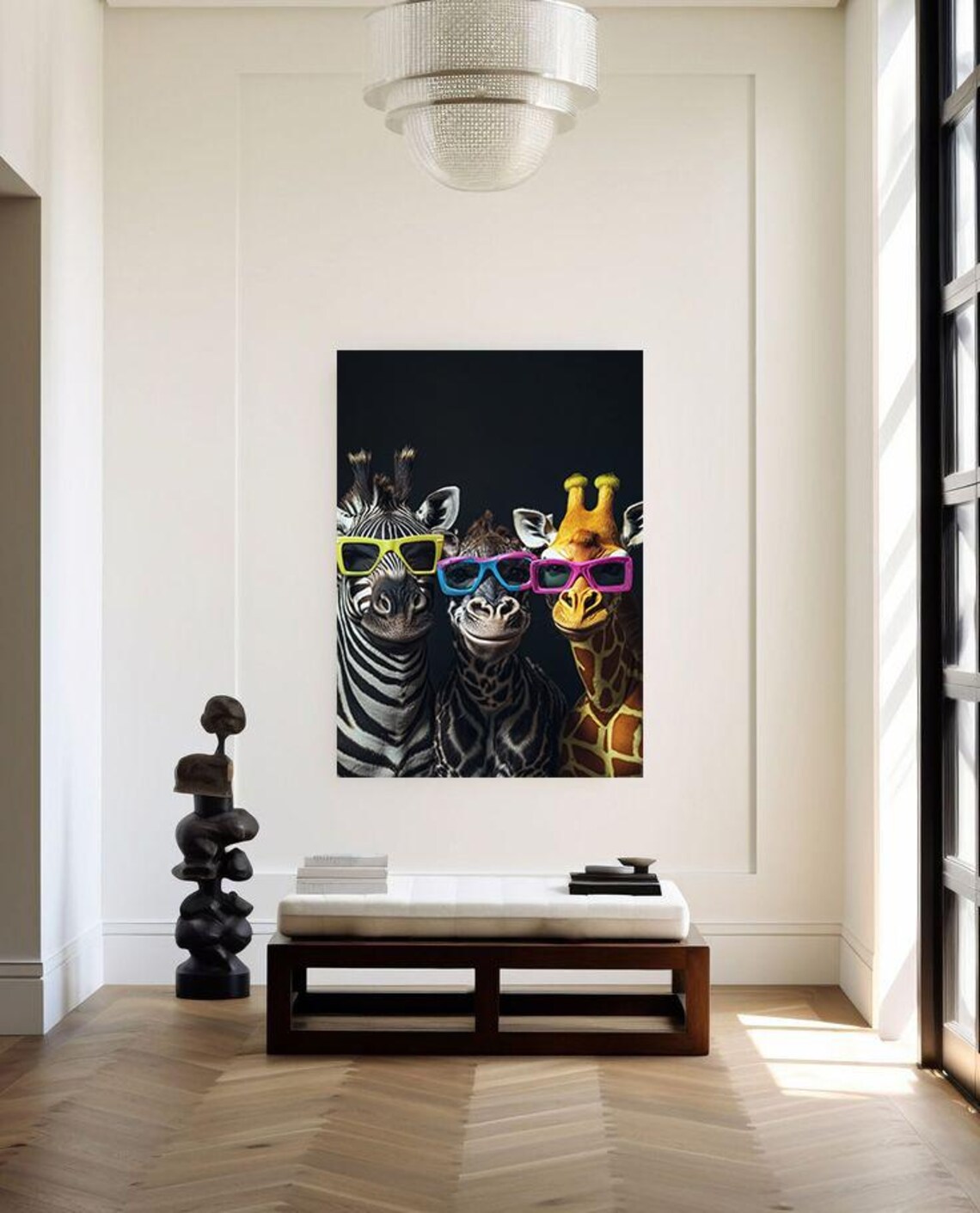Zebra Giraffes Wearing Sunglasses Fun Black Background Animal Wall Art Poster