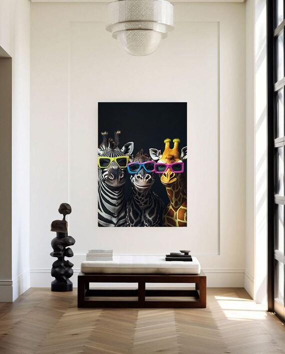 Zebra Giraffes Wearing Sunglasses Fun Black Background Animal Wall Art Poster