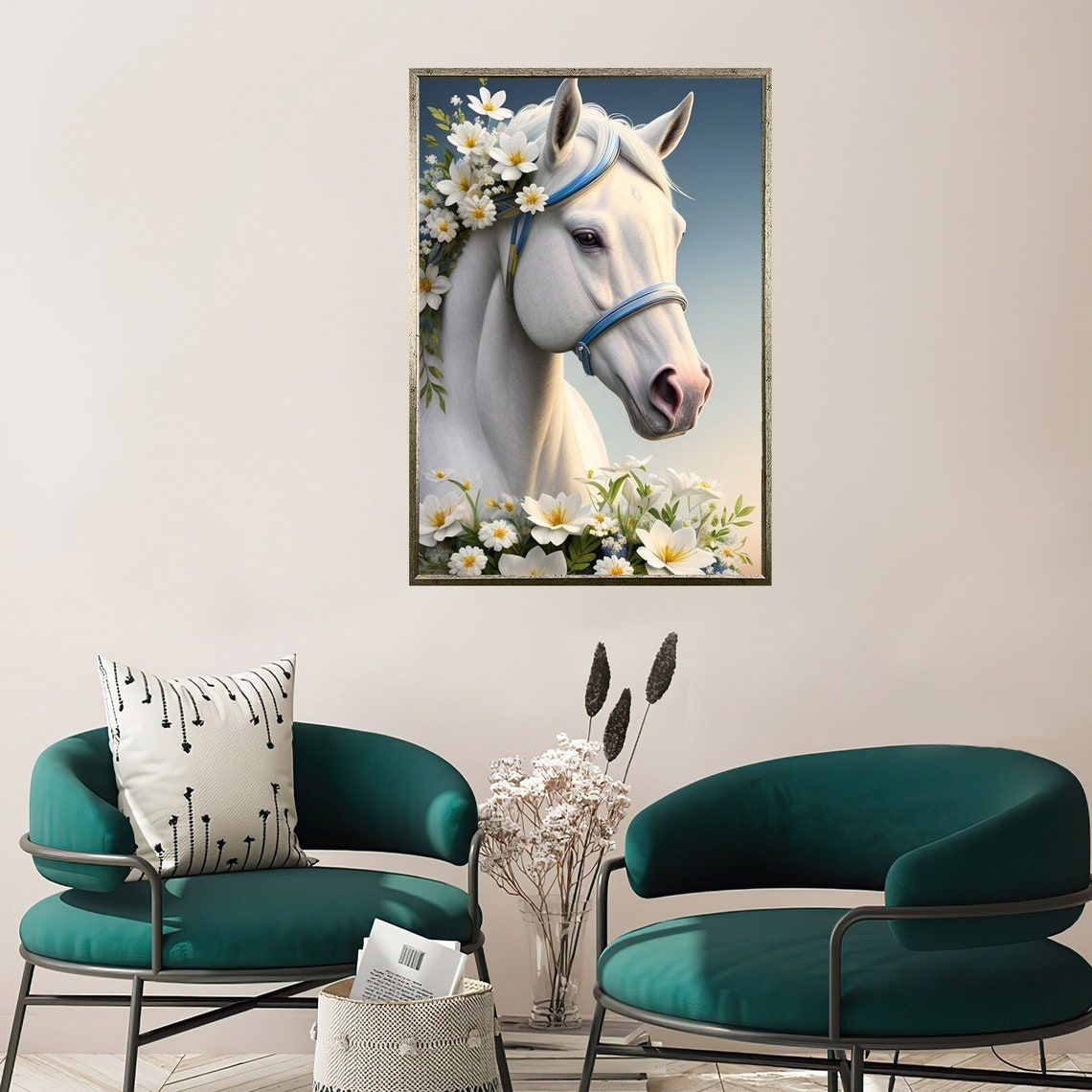 White Horse Daisy Floral Crown Blue Halter Elegant Equine Poster
