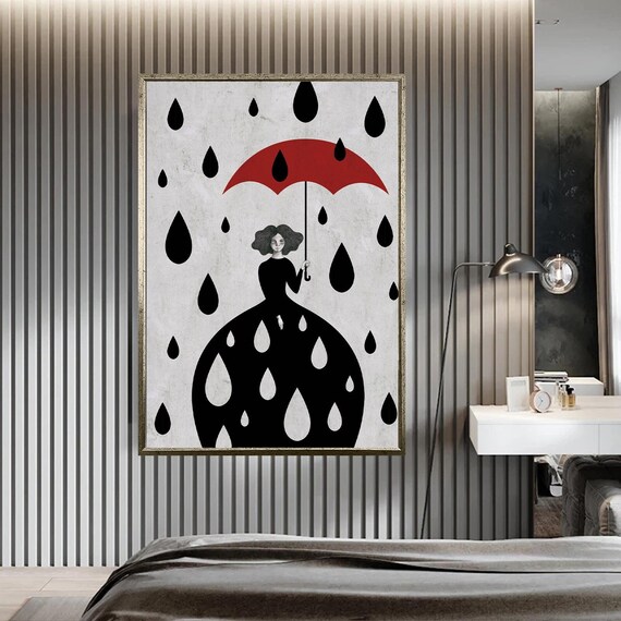 Woman Red Umbrella Rain Drops Dress Black White Minimalist Art Poster