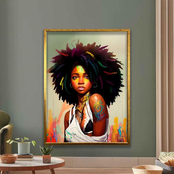 Vibrant Afro Woman Art Print Bold Colorful Portrait Modern Boho Wall Decor Urban Graffiti Style