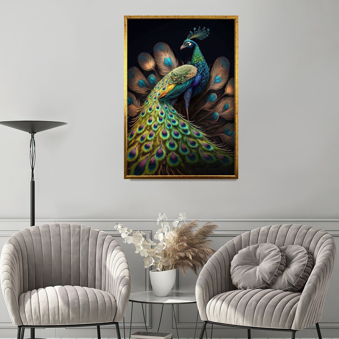 Peacock Fanned Tail Iridescent Feathers Majestic Bird Portrait Poster