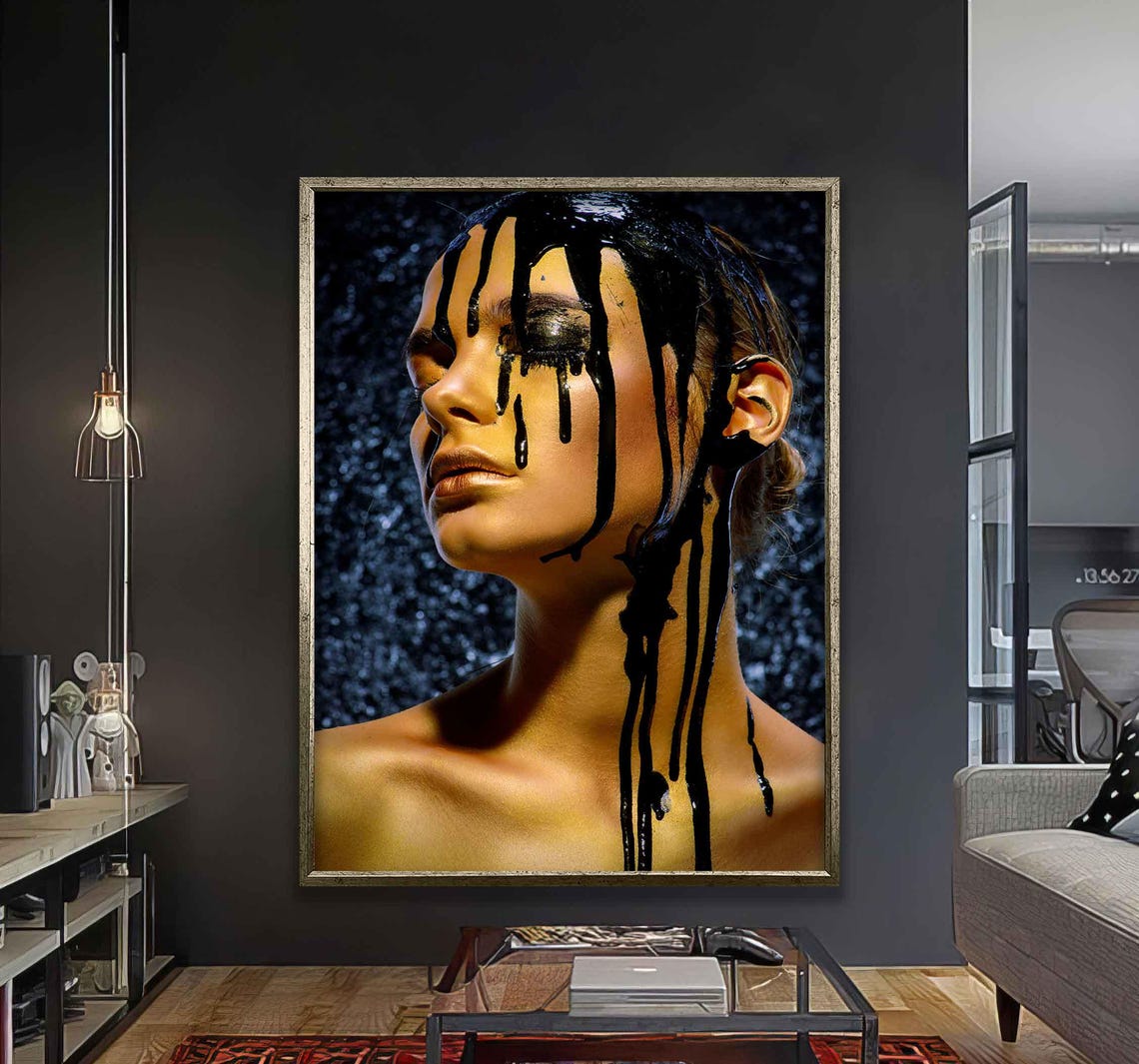 Golden Beauty With Black Drip Wall Art Dramatic Modern For Living Room Bedroom Or Office Dcor