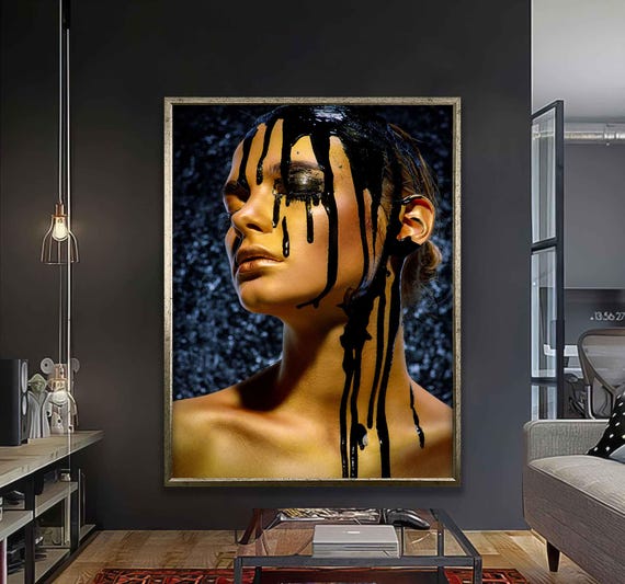 Golden Beauty With Black Drip Wall Art Dramatic Modern For Living Room Bedroom Or Office Dcor
