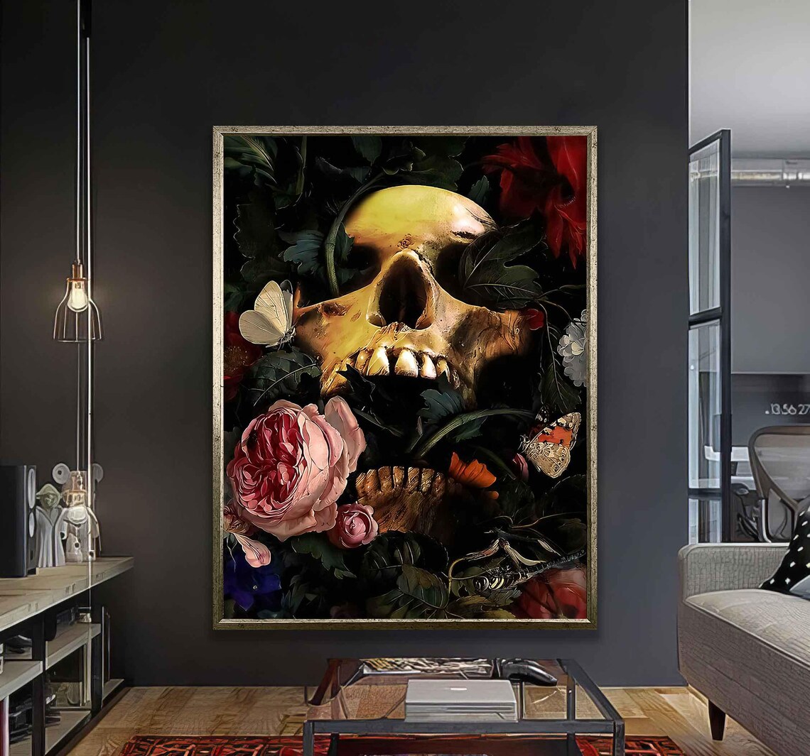 Gothic Golden Skull With Dark Roses And Butterflies Floral Art Poster