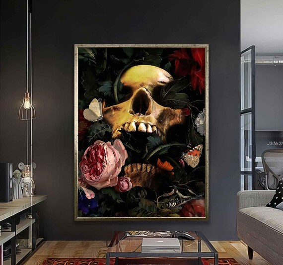 Gothic Golden Skull With Dark Roses And Butterflies Floral Art Poster