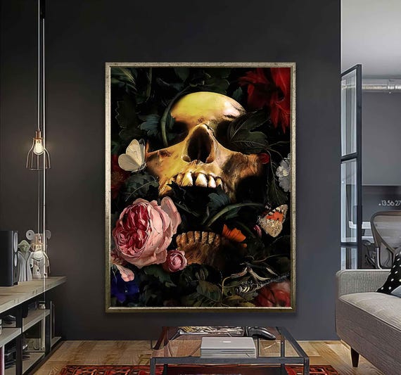 Gothic Skull And Roses Wall Art Dark Floral For Living Room Bedroom Or Office Dcor