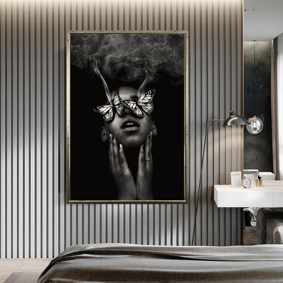 Monochrome Woman Portrait With Butterflies Surreal Smoky Art Poster