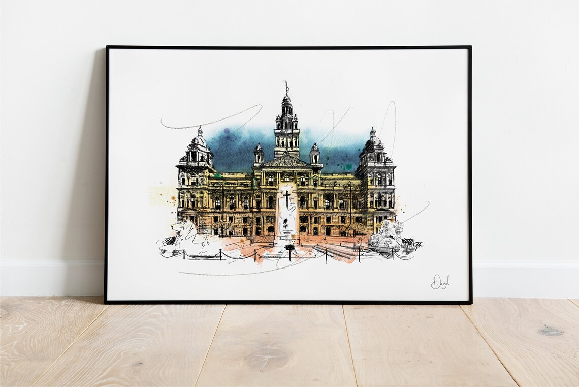 Glasgow City Chambers George Square Ink Watercolour Sketch Historic Print