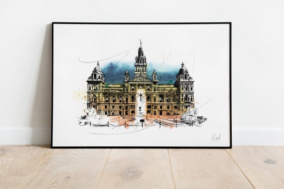Glasgow City Chambers Art Print Hall Illustration Typography Drawing Watercolour Scotland