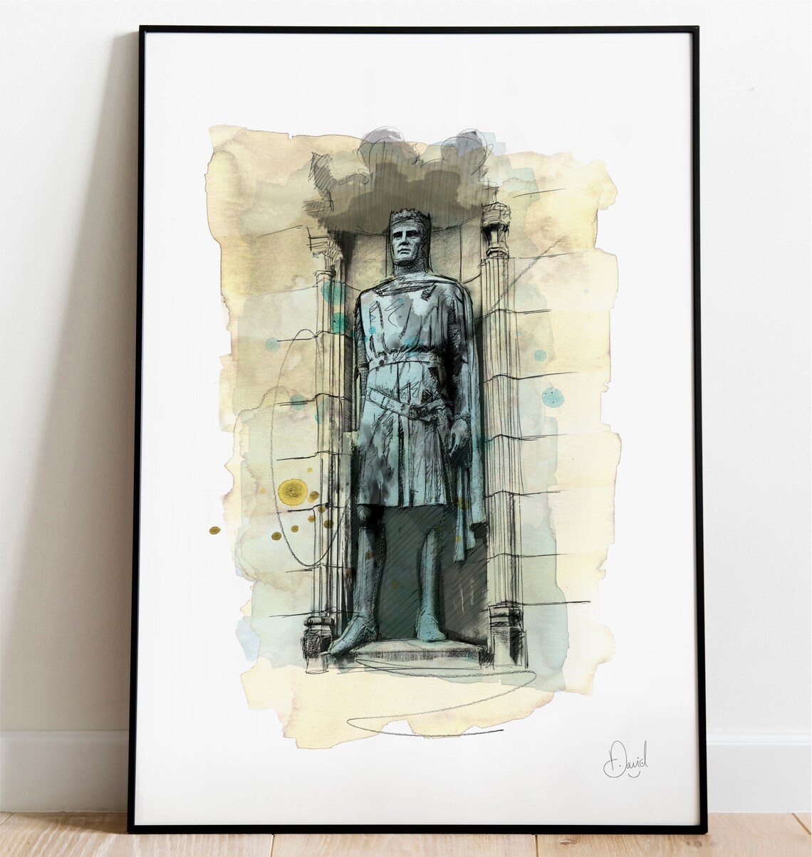 Robert the Bruce Edinburgh Statue Ink Watercolour Sketch Historic Print