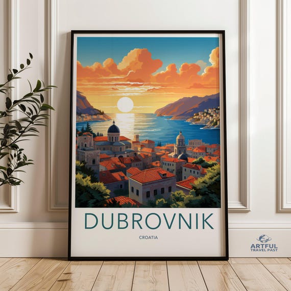 Dubrovnik Croatia Wall Art Print Sunset Coastal Cityscape Poster Mediterranean Travel Decor Vibrant Scenic Landscape Artwork