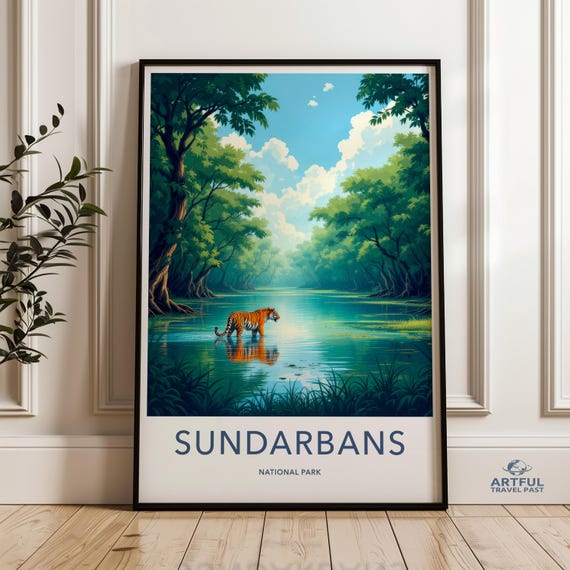 Sundarbans National Park Wall Art Print Wildlife Landscape Illustration Tiger In Forest Decor Nature Scenery Poster