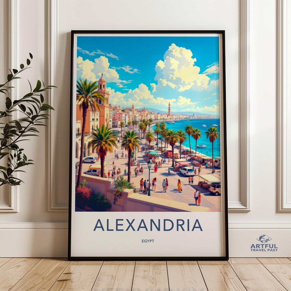 Alexandria Egypt Coastal Corniche Travel Poster Mediterranean Sea View