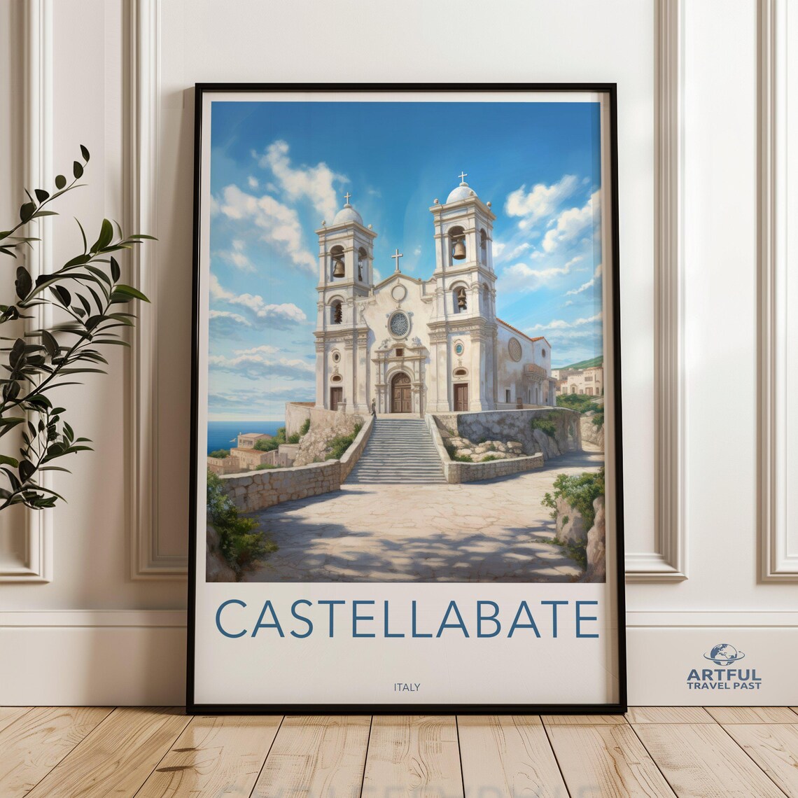 Castellabate Italy Historic Church Steps Classic Travel Poster Art