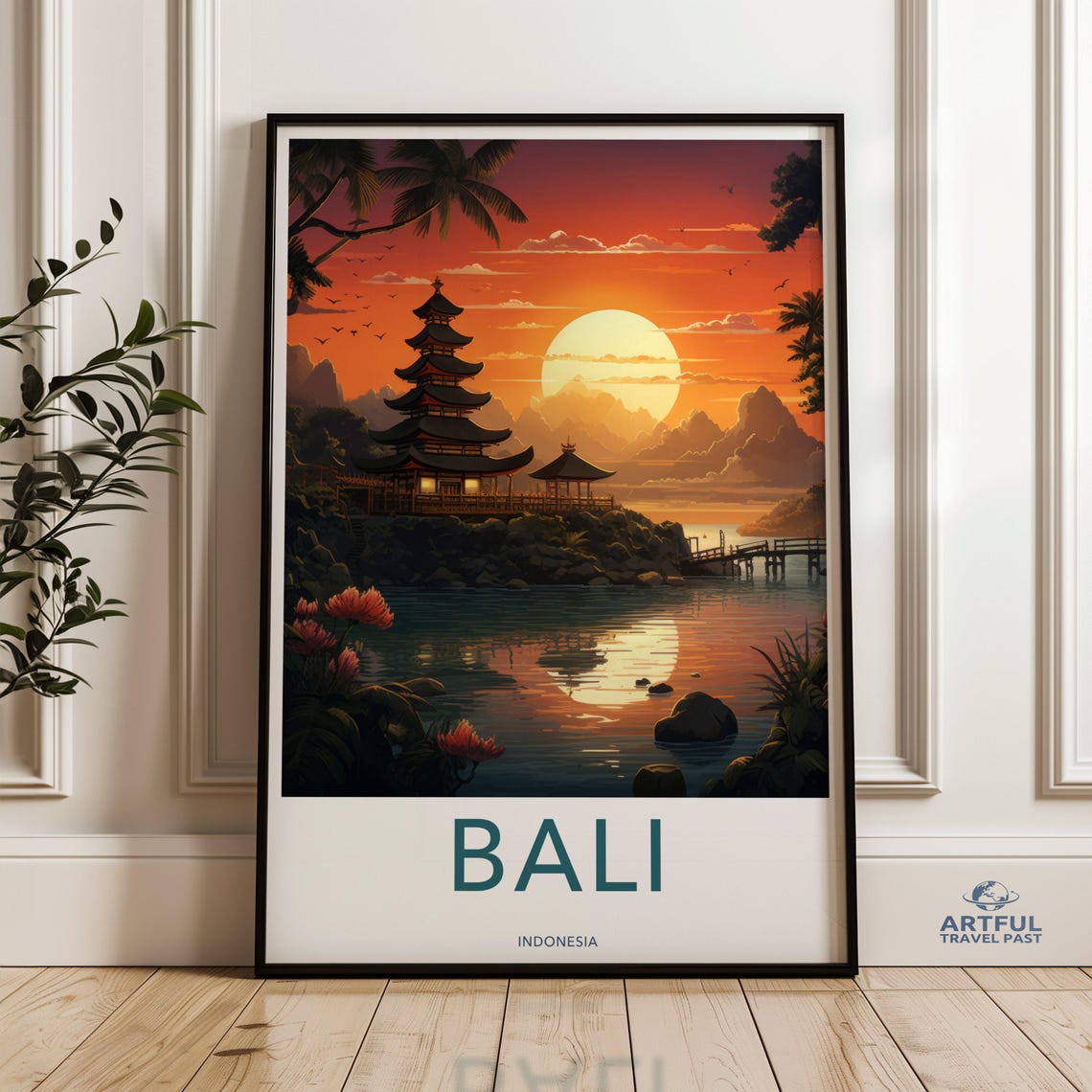 Bali Indonesia Sunset Pagoda Temple Tropical Vintage Travel Poster