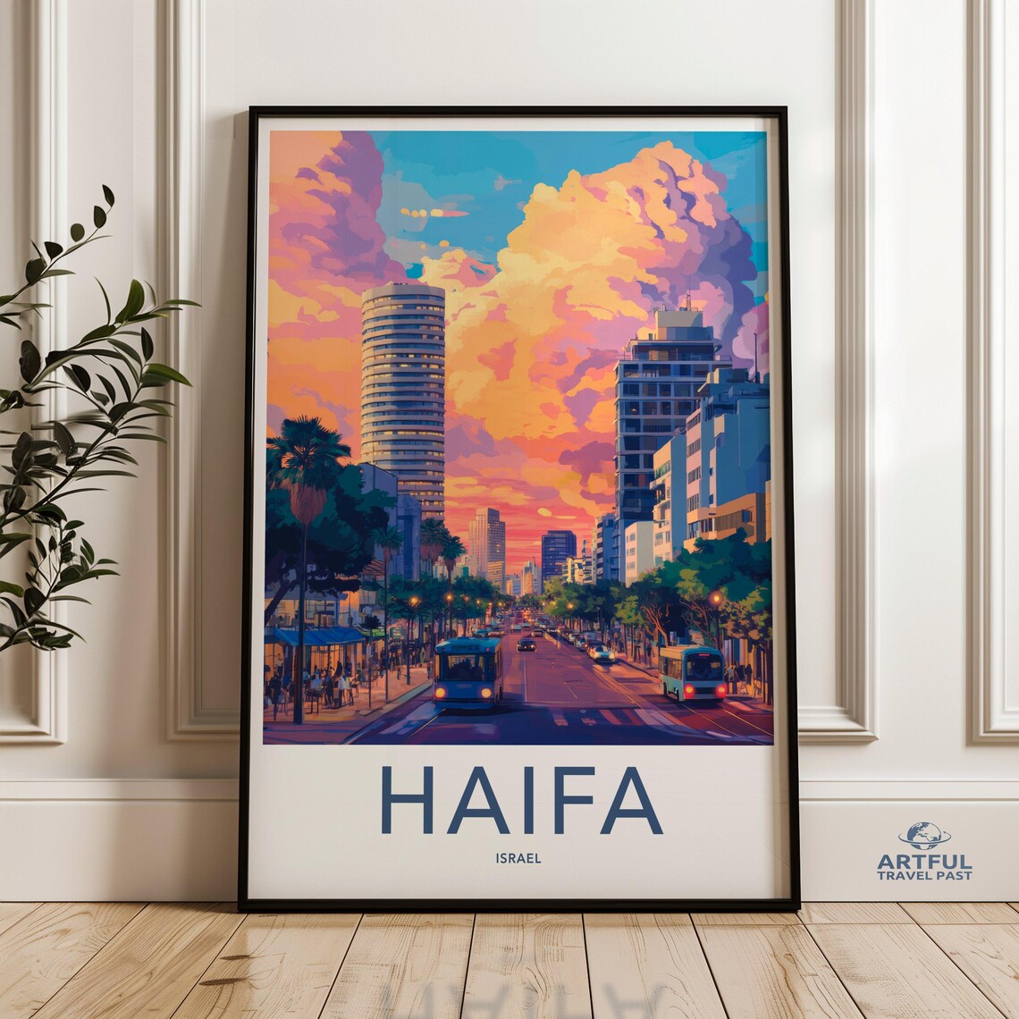 Haifa Israel Sunset City Street Vintage Travel Wall Poster Art
