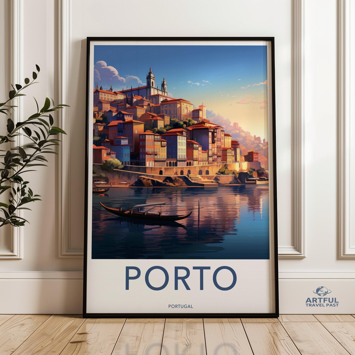 Porto Portugal Riverside Cityscape At Sunset Travel Poster Art