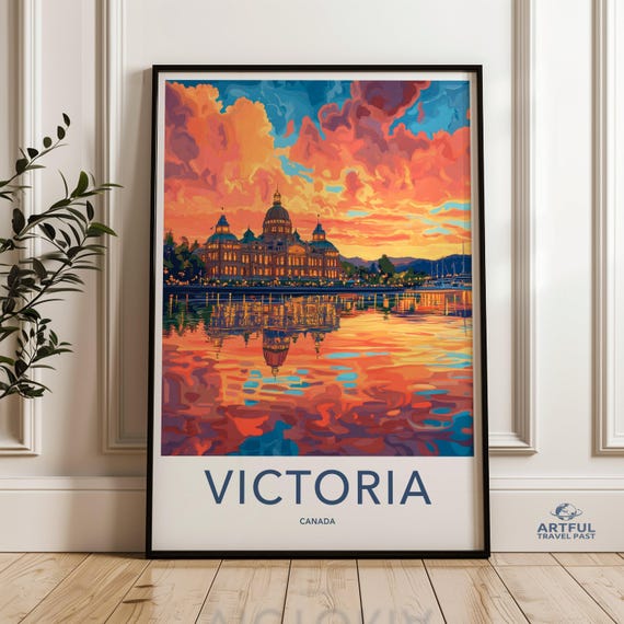Victoria Canada Wall Art Cityscape Print Colorful Sunset Skyline Reflective Water Vibrant City View Travel Poster