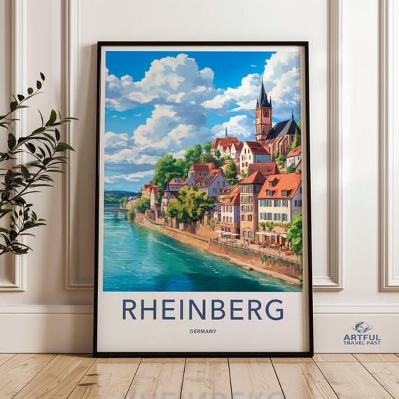 Scenic Rheinberg Cityscape Print Beautiful Wall Art Of German Town Vibrant Poster Featuring Rhine River And Historic Architecture