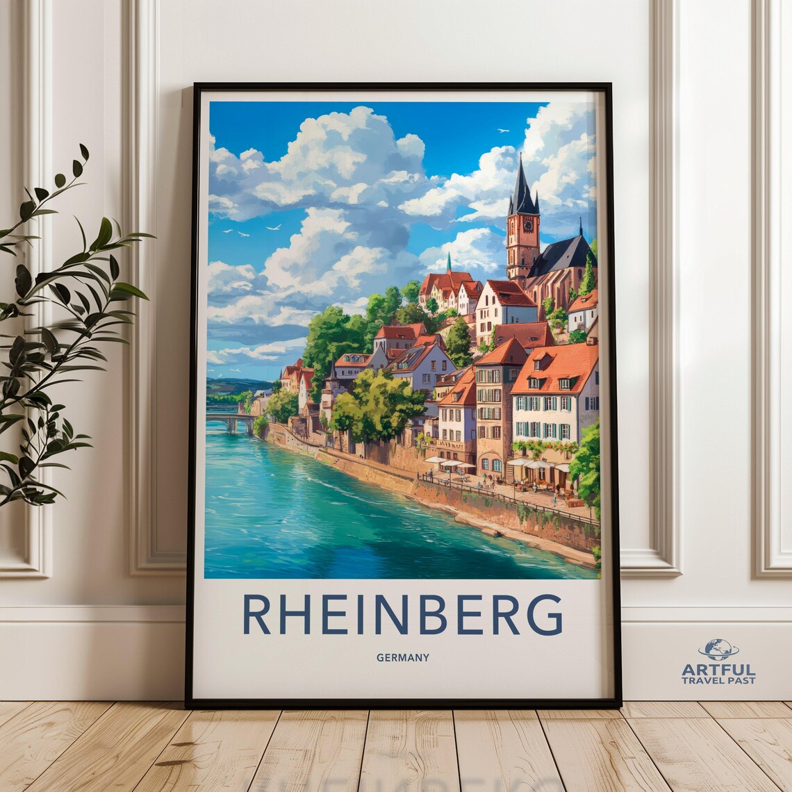 Rheinberg Germany River Old Town Church Scenic Travel Poster