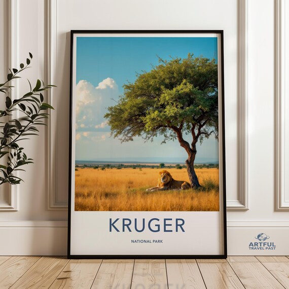 Kruger National Park Lion Under Acacia Tree Safari Vintage Travel Poster