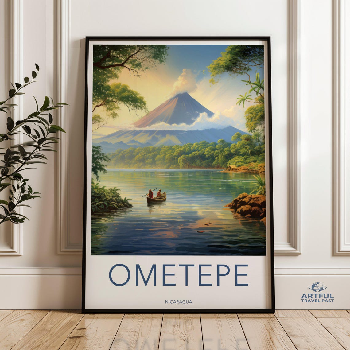 Ometepe Nicaragua Volcano Lake Travel Poster Canoe Jungle Scene