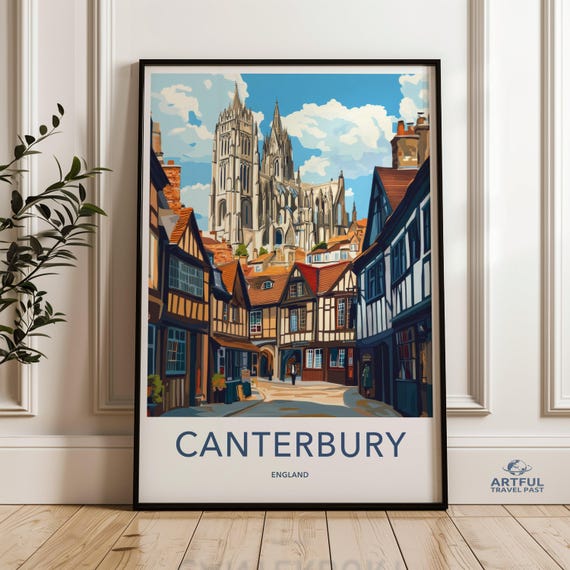 Canterbury Wall Art England Cityscape Illustration Print Historic Architecture Decor Travel Poster Vintage Home
