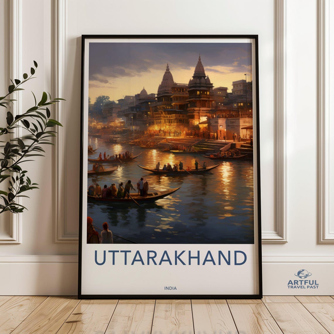 Uttarakhand India River Boats Dusk Temple Ghats Travel Poster