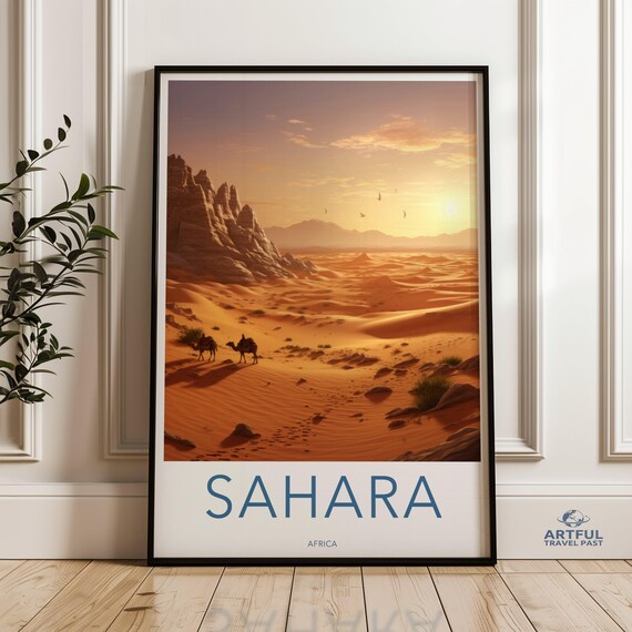 Sahara Desert Camel Caravan Sunset Vintage Travel Poster Gift